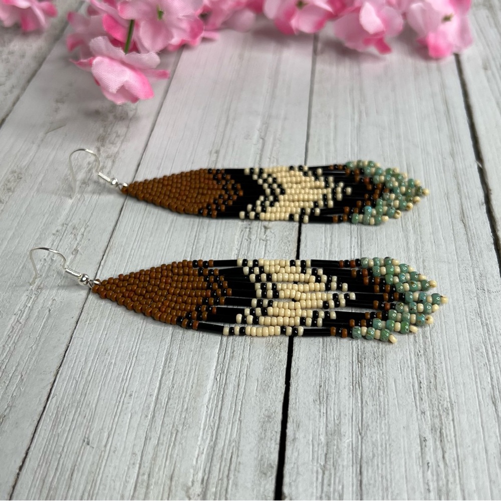 Boho Seed Beaded Earrings Brown Black Fringe Dangle Drop Earrings 4 in - Picture 3 of 6